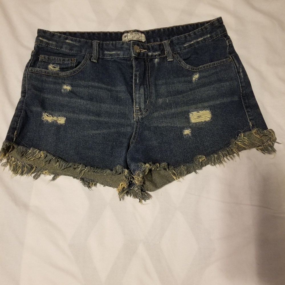 Free People Dark Blue Distressed Denim Jean Shorts